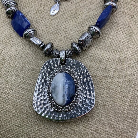 Chico's Jewelry - Chico's Textured Metal Pendant Blue Silver Etched Beaded Long Chain Necklace